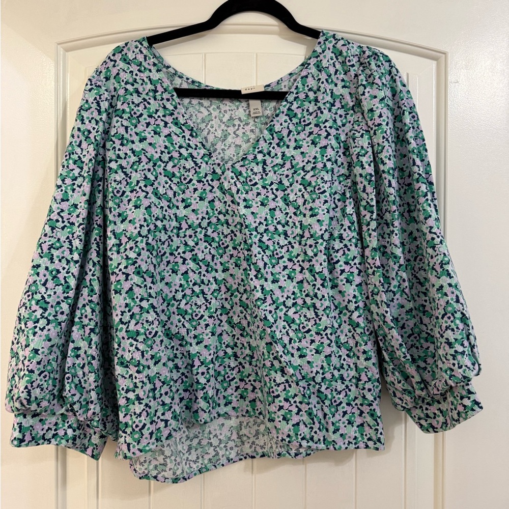a new day Floral V-Neck Blouse - Green and Purple